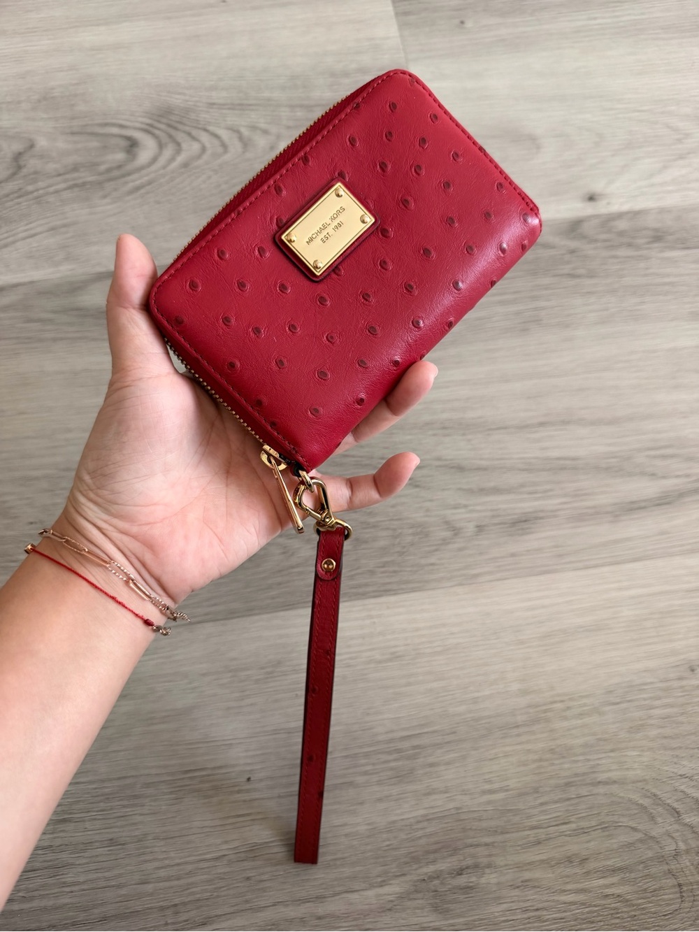 Michael Kors Red Ostrich Embossed Leather Wristlet Wallet